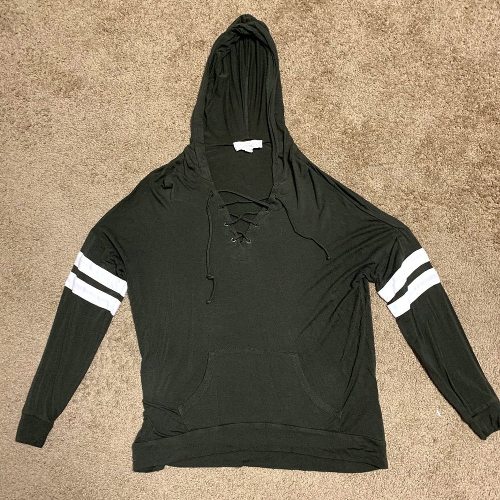 MEDIUM Olive Green + White Lace-up Soft and Lightweight Hoodie